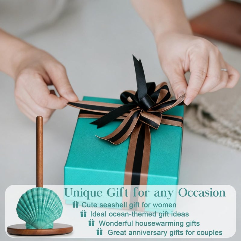 YLOVAN Seashell Paper Towel Holder - Teal Kitchen Beach House Decor Ocean Themed Decor Coastal Gifts for Women Cute Counter Paper Towel Holder Stand Wood Unique Funny Nautical Countertop Decorative Sea Shell - Image 5